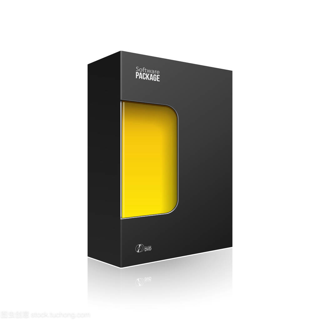 黑色現(xiàn)代軟件產(chǎn)品包裝盒, 帶有黃色橙色窗口, 用于 Dvd 或 Cd 盤。3d 在白色背景上的插圖被隔離。為您的設(shè)計做好準(zhǔn)備。包裝.矢量 Eps10